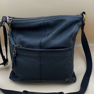 The Sak Black Leather Gold Hardware Shoulder or Crossbody with Front Zip Pocket